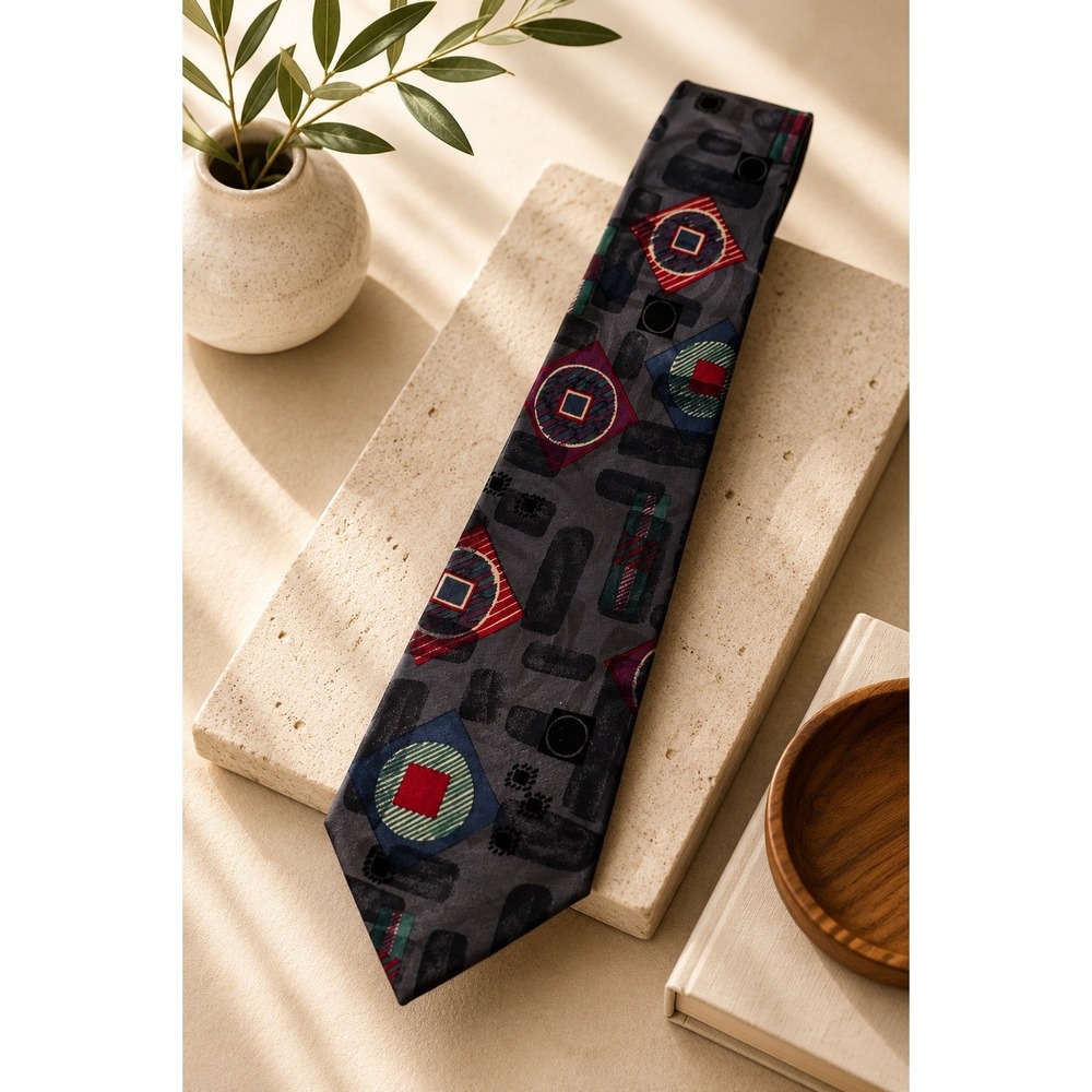 Bugatti Mens Necktie 100% Italian Silk Charcoal Grey Geometric Abstract Print